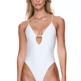 Woman wearing a white swimsuit on a white background