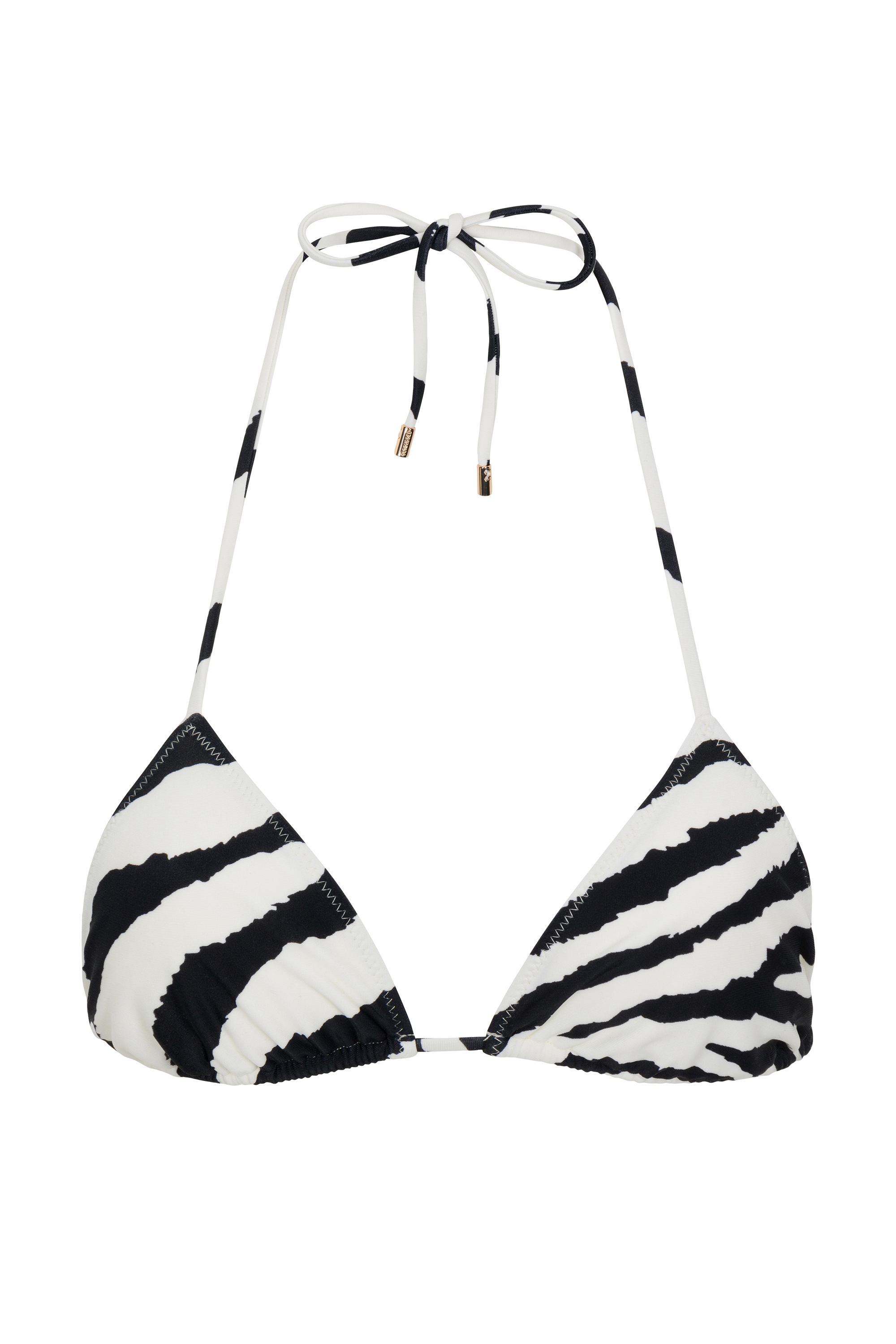 A white zebra-patterned triangle bikini top with adjustable straps.