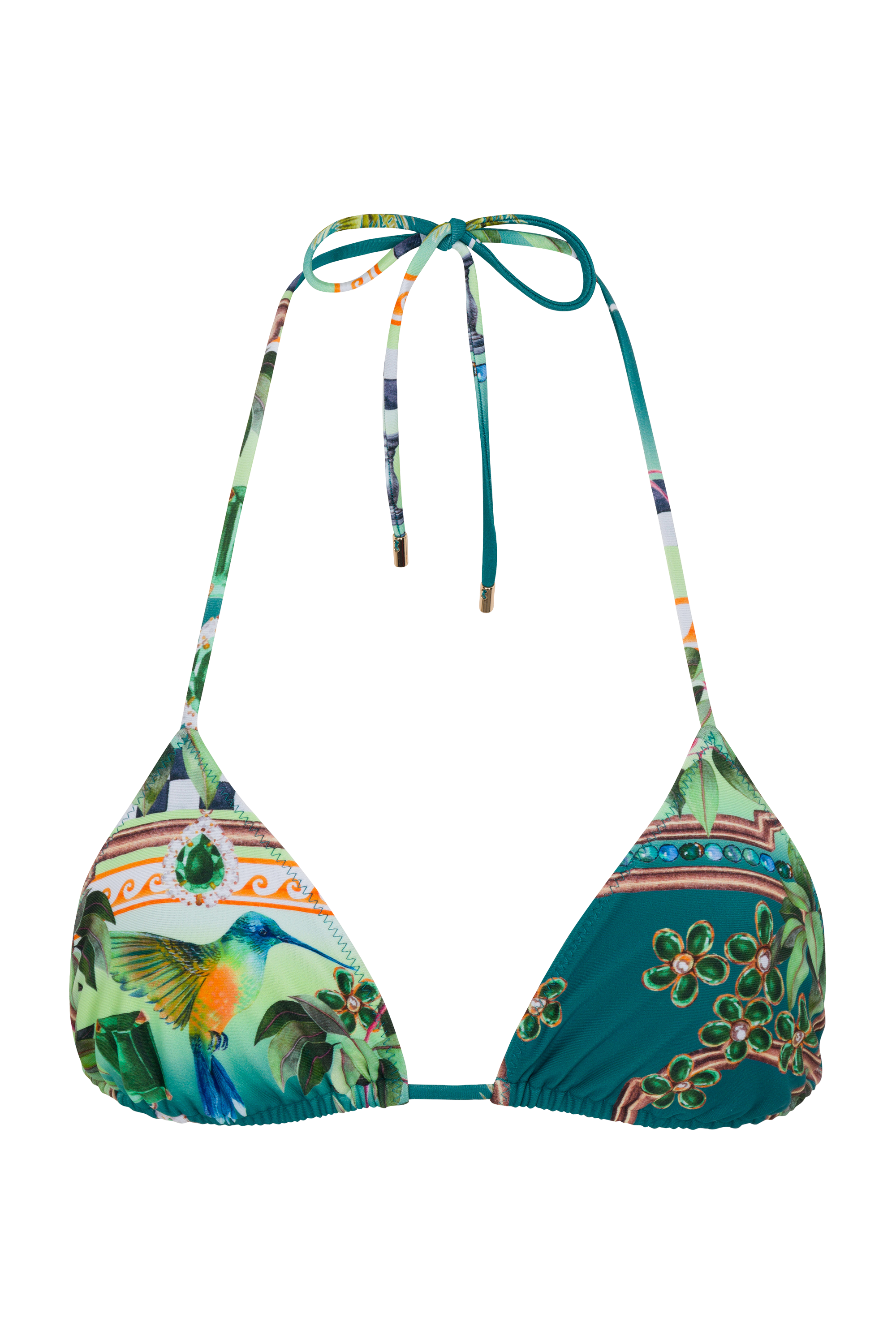 A multicolored floral-patterned triangle bikini top with adjustable straps.
