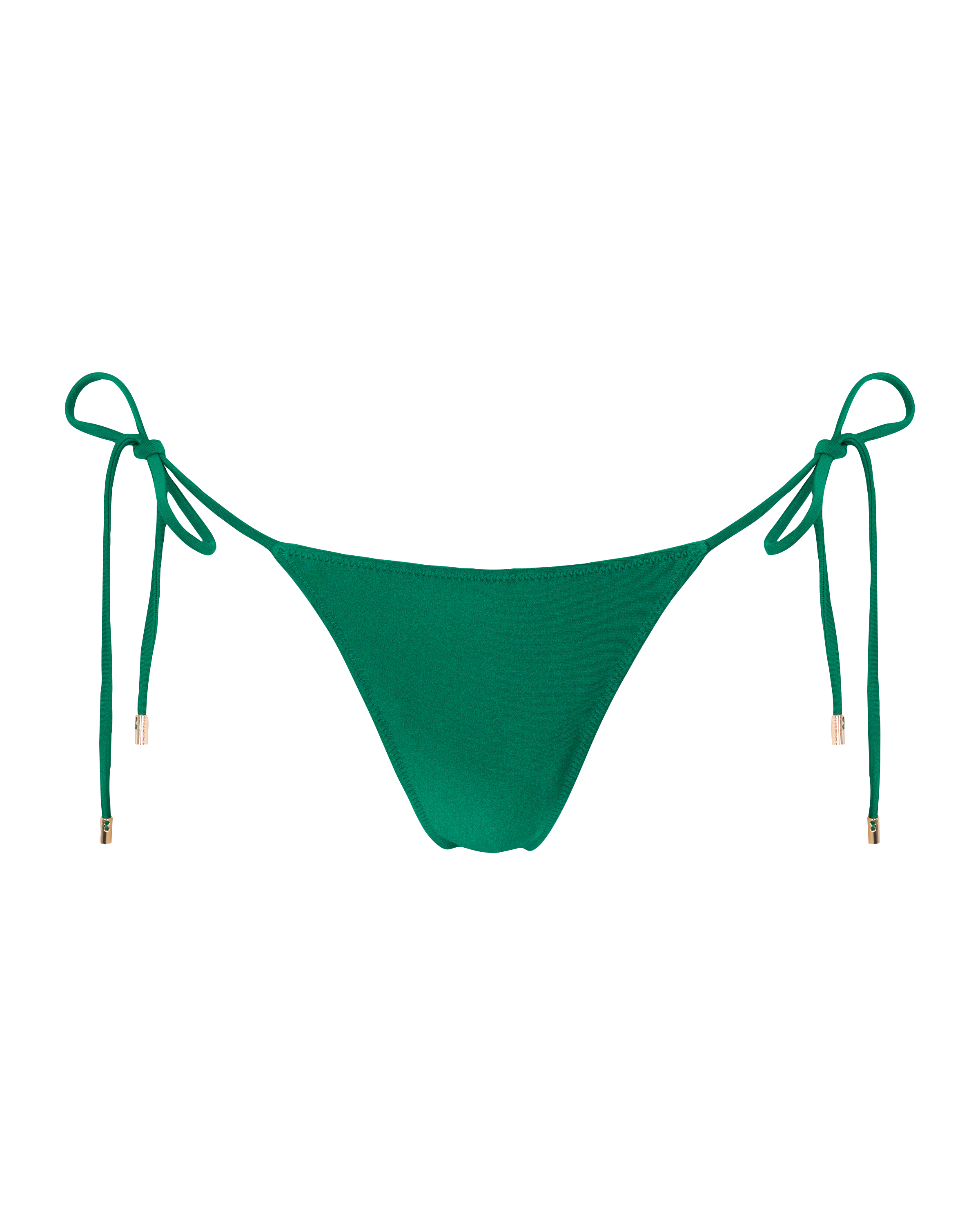 A high-waisted emerald green triangle bottom swimsuit with side ties and a decorative element on the waist.