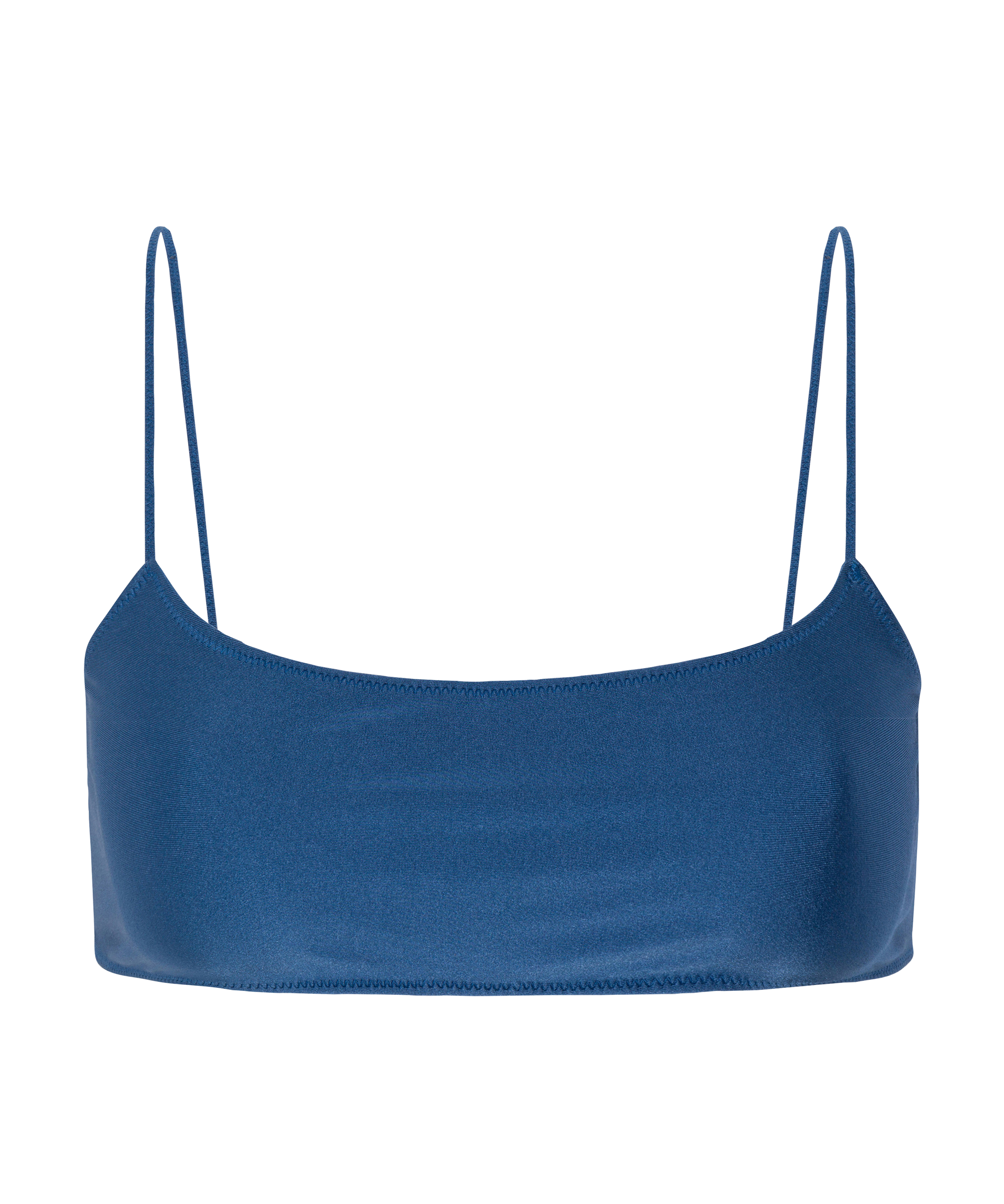 A blue bikini top with thin straps.