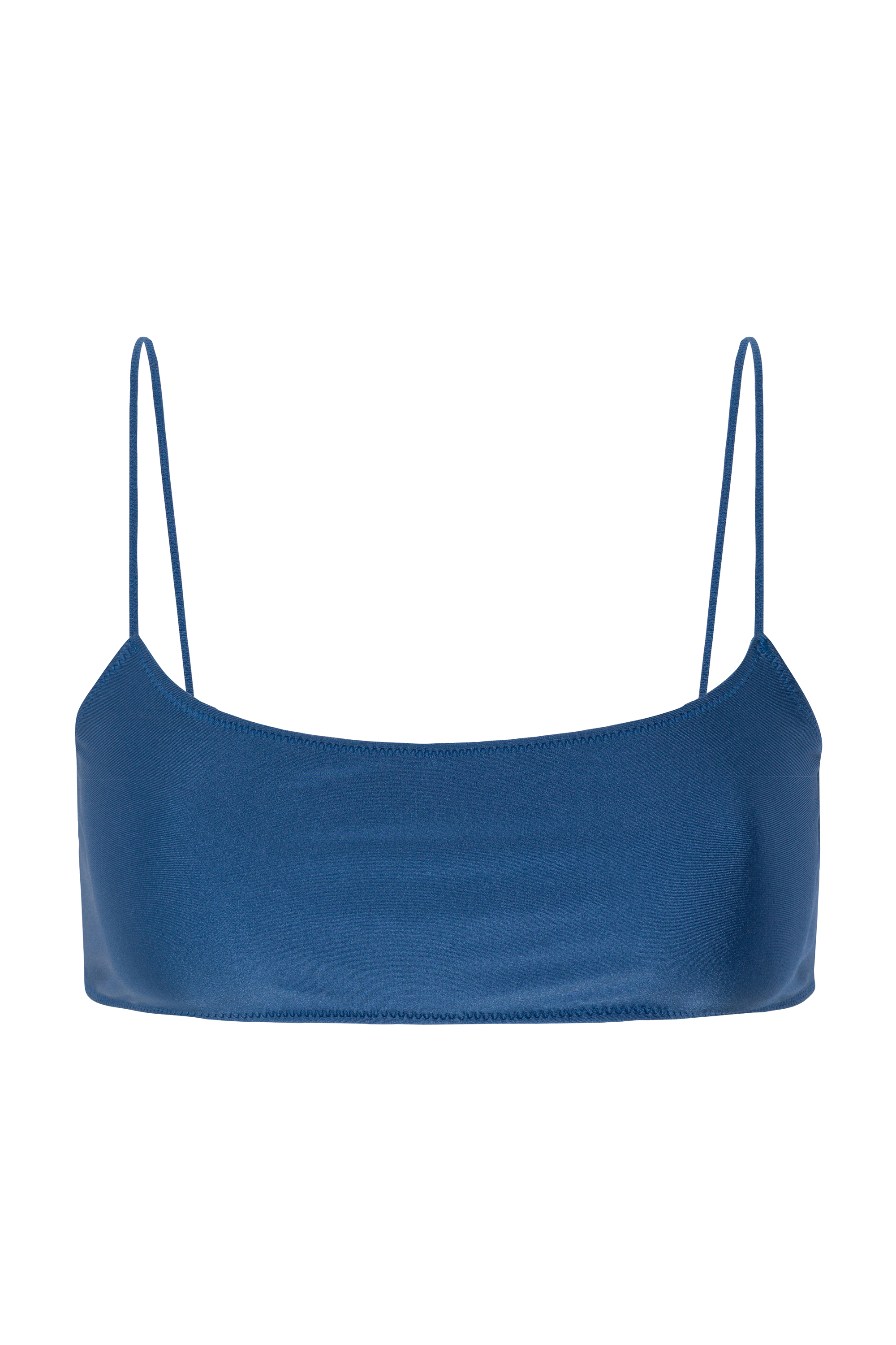 A blue bikini top with thin straps.