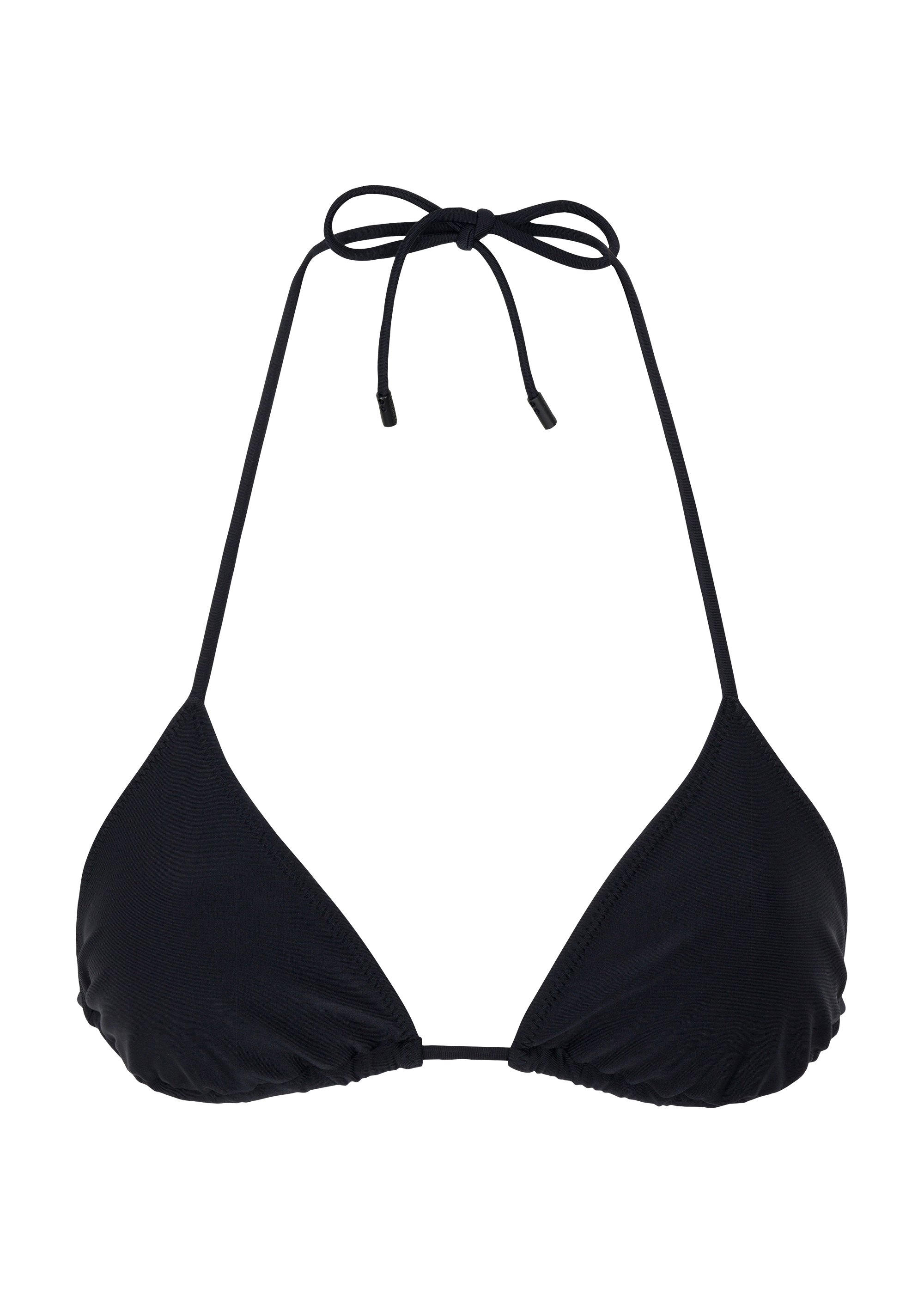 A black triangle bikini top with adjustable straps and a plunging neckline.